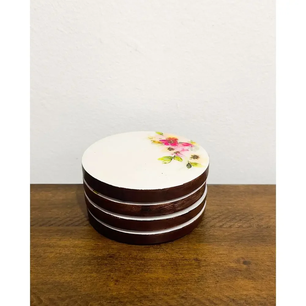 NWT: Godinger - Set of 4, Walnut Wood & Enamel, Floral Coasters